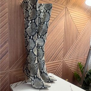Also Snake Print Over-the-Knee Stiletto Boots - Black & Cream